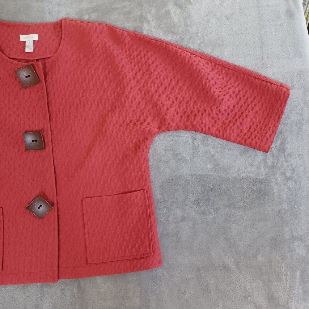 Chicos Sz 1/ M Artsy Boxy Topper Jacket Blazer Casual Relaxed Textured Coral Red - Picture 4 of 9